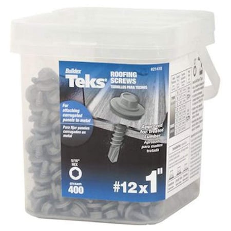 Teks Self-Drilling Screw, #12 x 1 in, Plain Steel Flange Hex Head External Hex Drive, 400 PK 21418